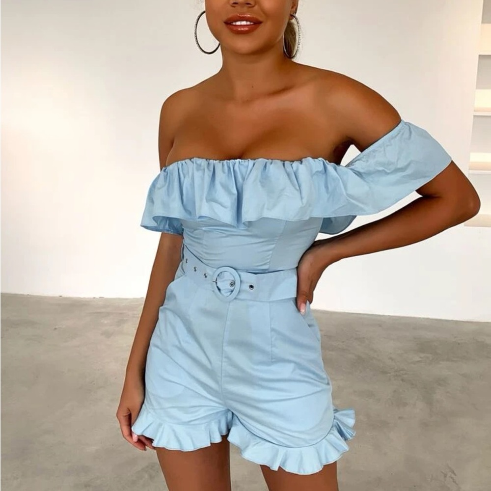 Joyfunear One Shoulder Ruffle Trim Belted Romper